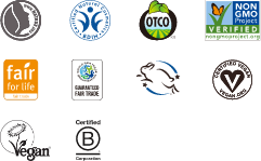 ドクターブロナー オーガニック クリーンスプレーが取得している認定・認証マーク。NATRUE、BDIH、Oregon Tilth Certified Organic、NON-GMO、Fari for Life、WFTO、Leaping Bunny、Vegan Action
